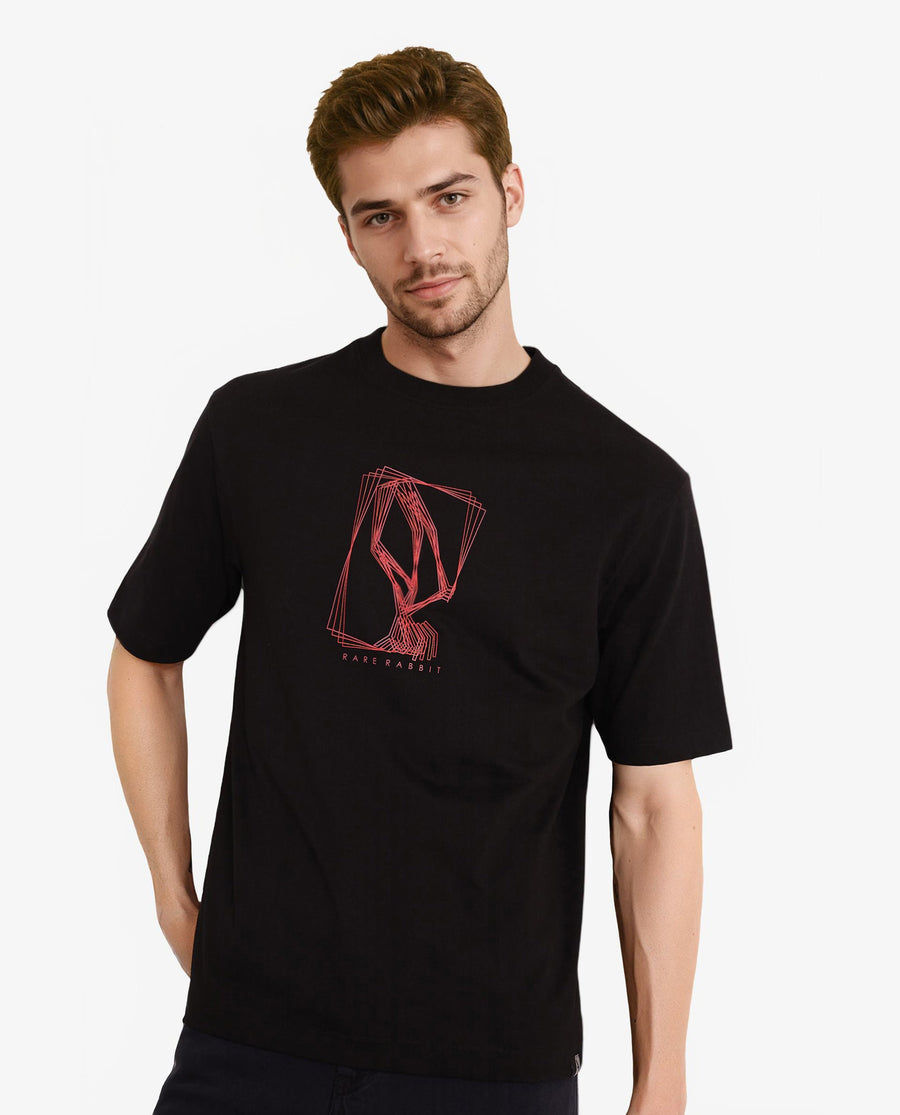 Rare Rabbit Men's Que Black Cotton Graphic Print Regular Fit Half Sleeve Crew Neck T-Shirt