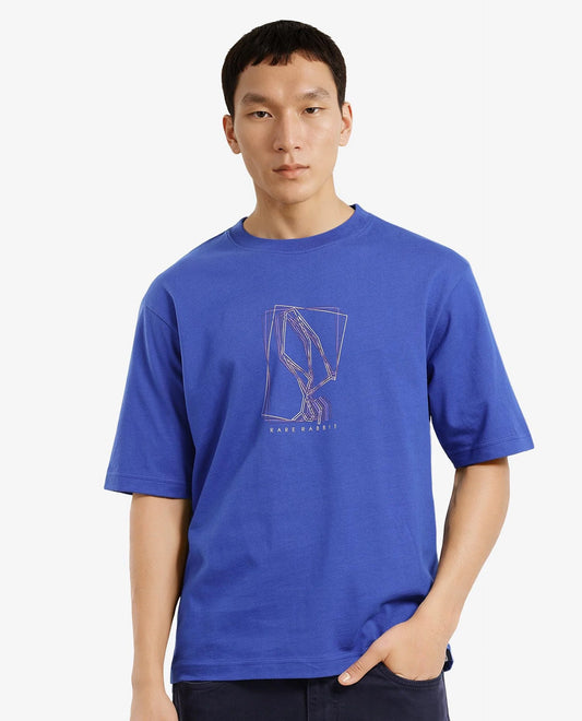 Rare Rabbit Men's Que Blue Cotton Graphic Print Regular Fit Half Sleeve Crew Neck T-Shirt