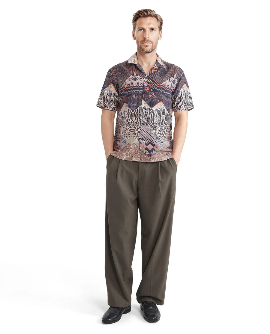 Rare Rabbit Men's Quem Dark Brown Viscose Blend Abstract Print Boxy Fit Half Sleeve Cuban Collar Shirt