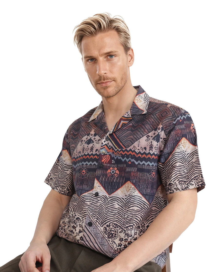 Rare Rabbit Men's Quem Dark Brown Viscose Blend Abstract Print Boxy Fit Half Sleeve Cuban Collar Shirt