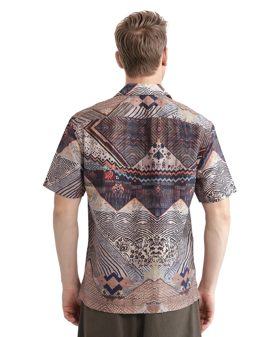 Rare Rabbit Men's Quem Dark Brown Viscose Blend Abstract Print Boxy Fit Half Sleeve Cuban Collar Shirt