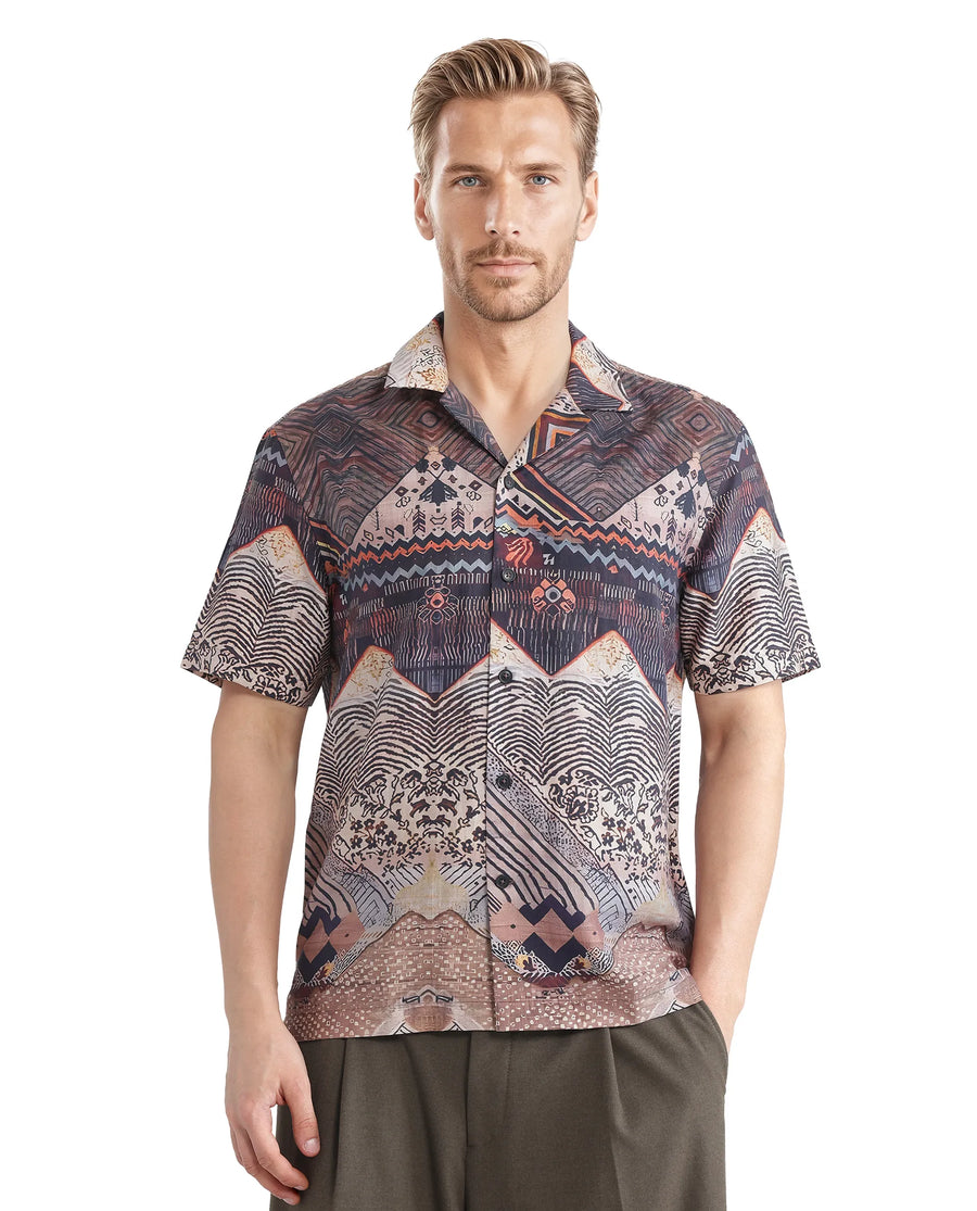 Rare Rabbit Men's Quem Dark Brown Viscose Blend Abstract Print Boxy Fit Half Sleeve Cuban Collar Shirt
