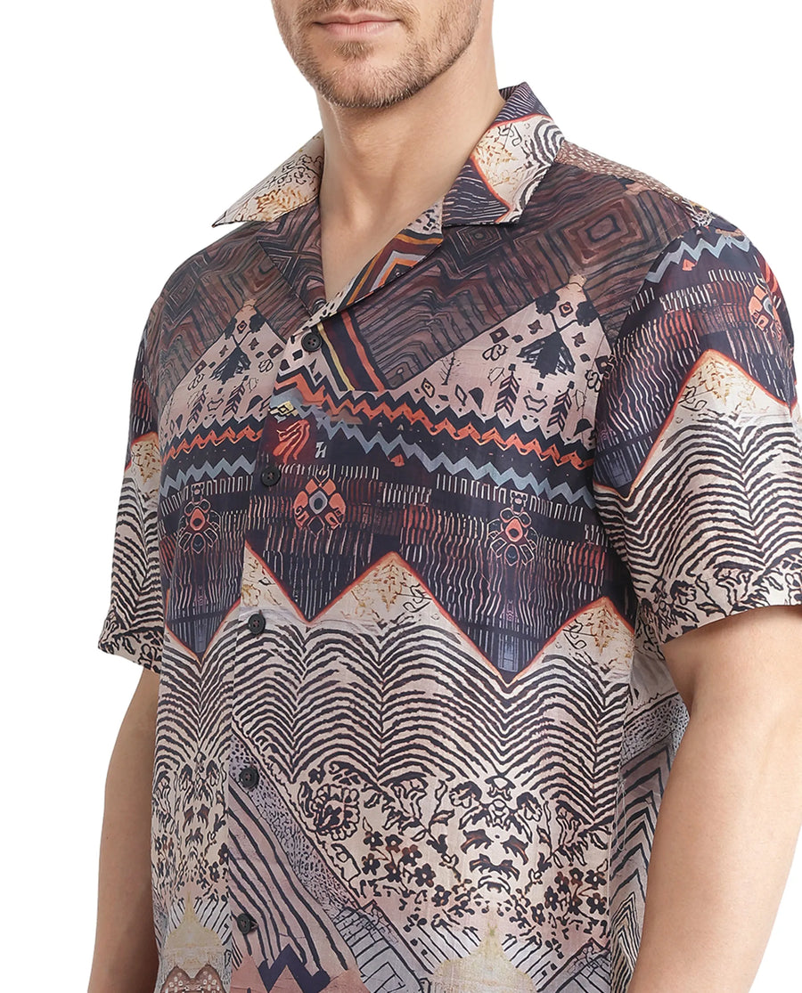 Rare Rabbit Men's Quem Dark Brown Viscose Blend Abstract Print Boxy Fit Half Sleeve Cuban Collar Shirt