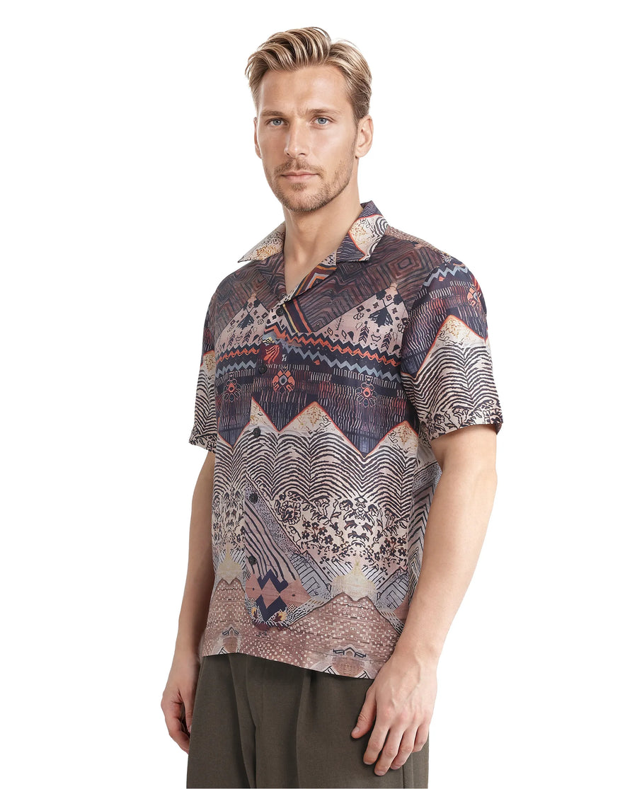Rare Rabbit Men's Quem Dark Brown Viscose Blend Abstract Print Boxy Fit Half Sleeve Cuban Collar Shirt
