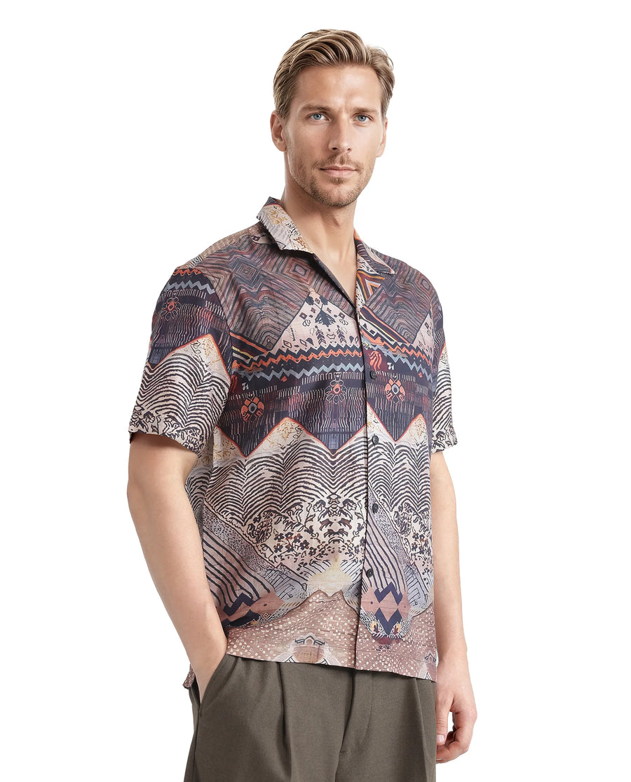 Rare Rabbit Men's Quem Dark Brown Viscose Blend Abstract Print Boxy Fit Half Sleeve Cuban Collar Shirt