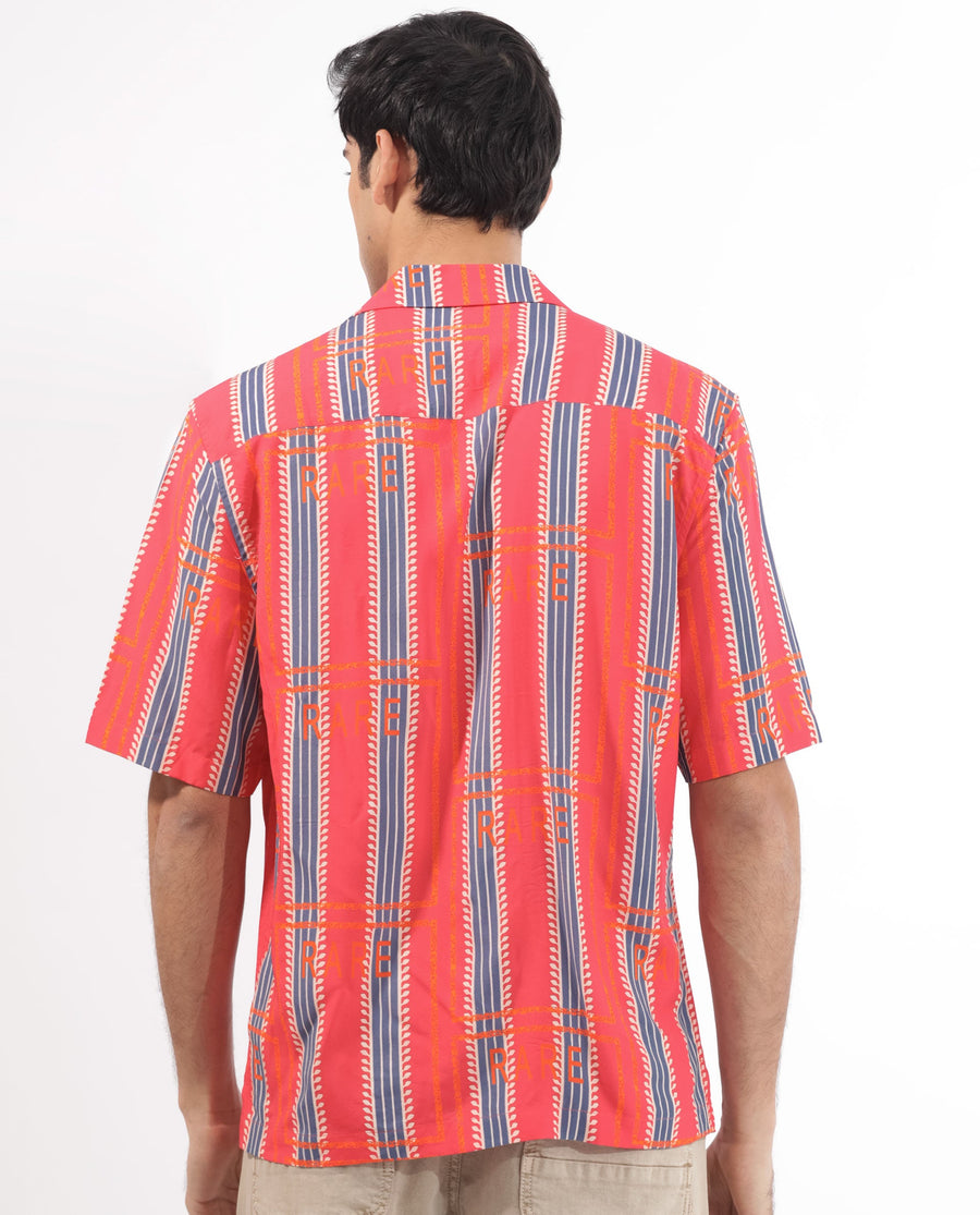 Rare Rabbit Men's Quena Red Viscose Striped Print Boxy Fit Half Sleeve Cuban Collar Shirt