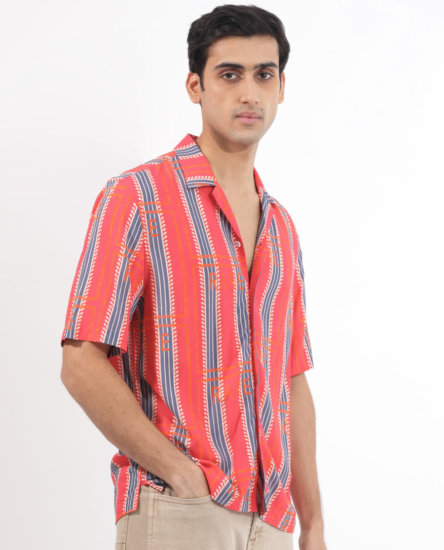 Rare Rabbit Men's Quena Red Viscose Striped Print Boxy Fit Half Sleeve Cuban Collar Shirt