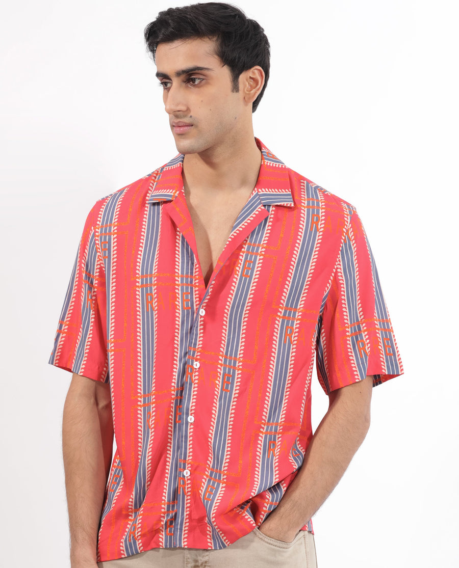 Rare Rabbit Men's Quena Red Viscose Striped Print Boxy Fit Half Sleeve Cuban Collar Shirt
