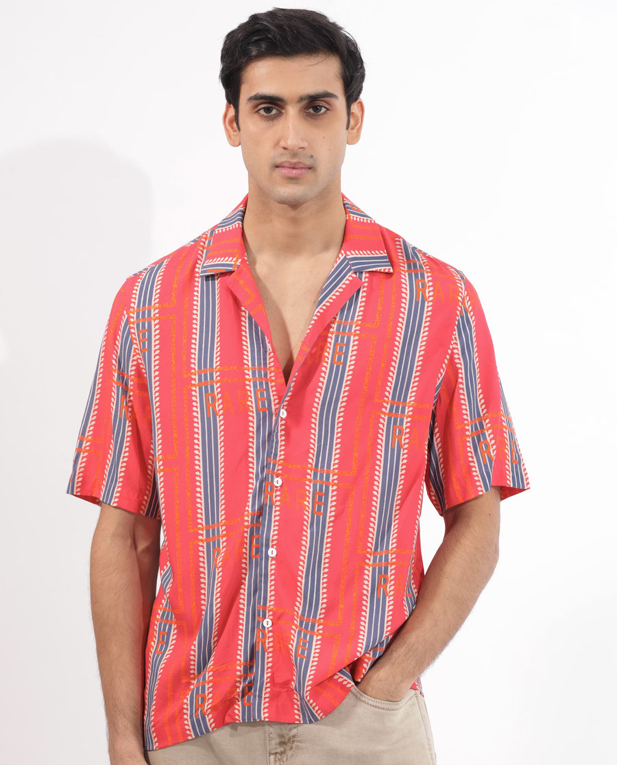 Rare Rabbit Men's Quena Red Viscose Striped Print Boxy Fit Half Sleeve Cuban Collar Shirt