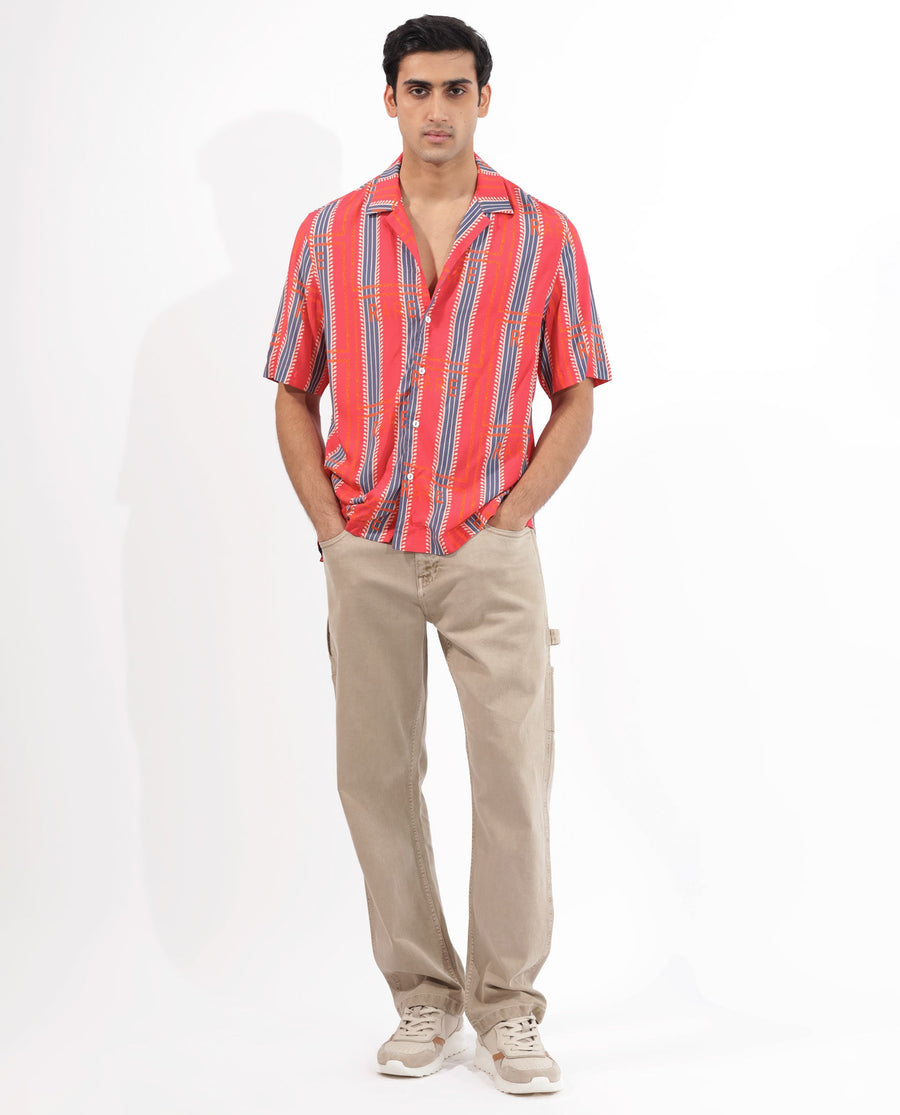Rare Rabbit Men's Quena Red Viscose Striped Print Boxy Fit Half Sleeve Cuban Collar Shirt