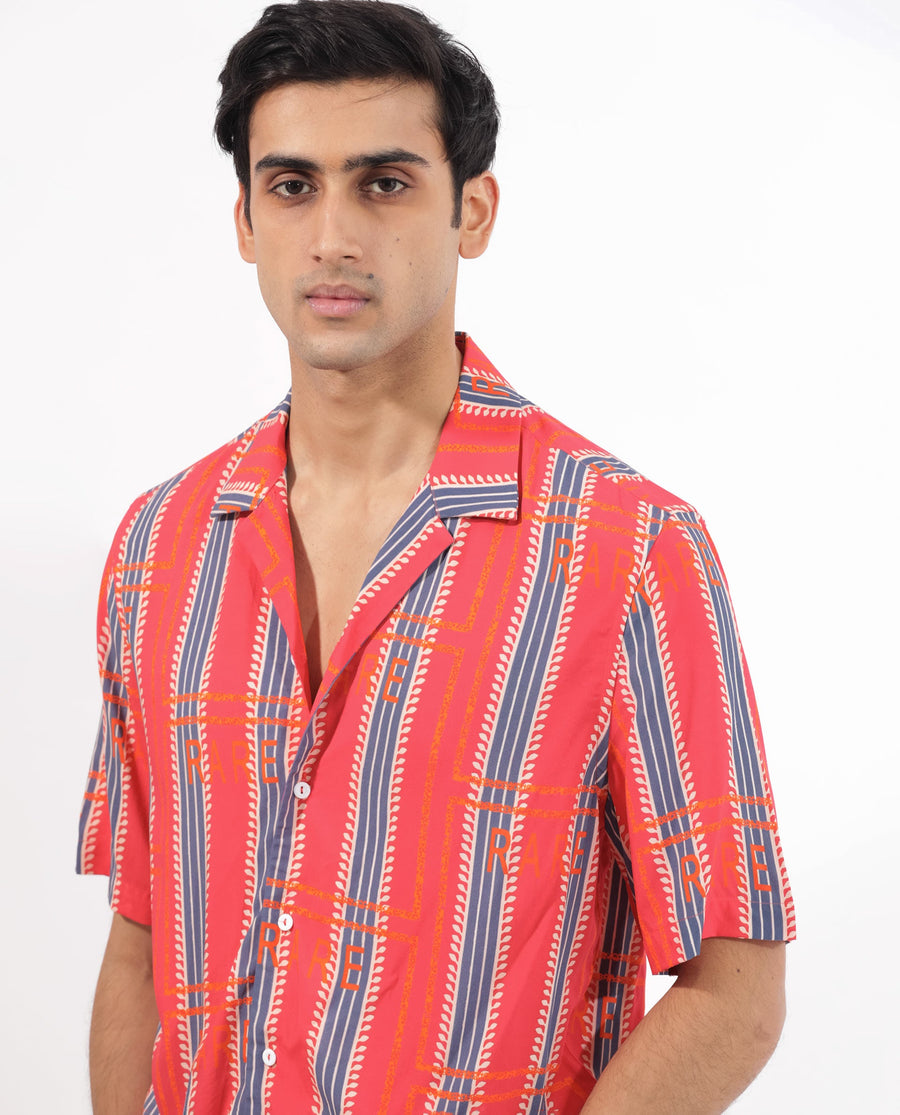 Rare Rabbit Men's Quena Red Viscose Striped Print Boxy Fit Half Sleeve Cuban Collar Shirt