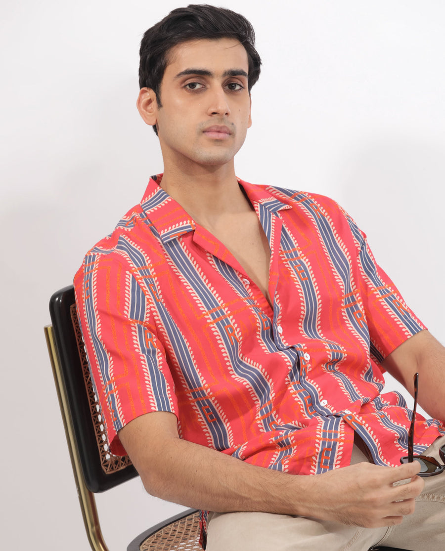 Rare Rabbit Men's Quena Red Viscose Striped Print Boxy Fit Half Sleeve Cuban Collar Shirt