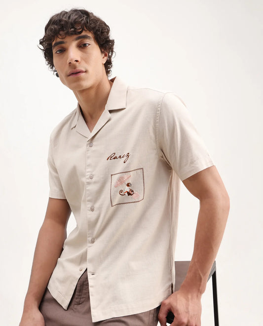 Rare Rabbit Men's Quentin Beige Embroidered Relaxed Fit Half Sleeve Cuban Collar Shirt