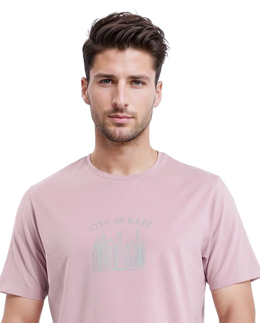 Rare Rabbit Men's Quix Pastel Pink Cotton Blend Graphic Print Regular Fit Half Sleeve Crew Neck T-Shirt