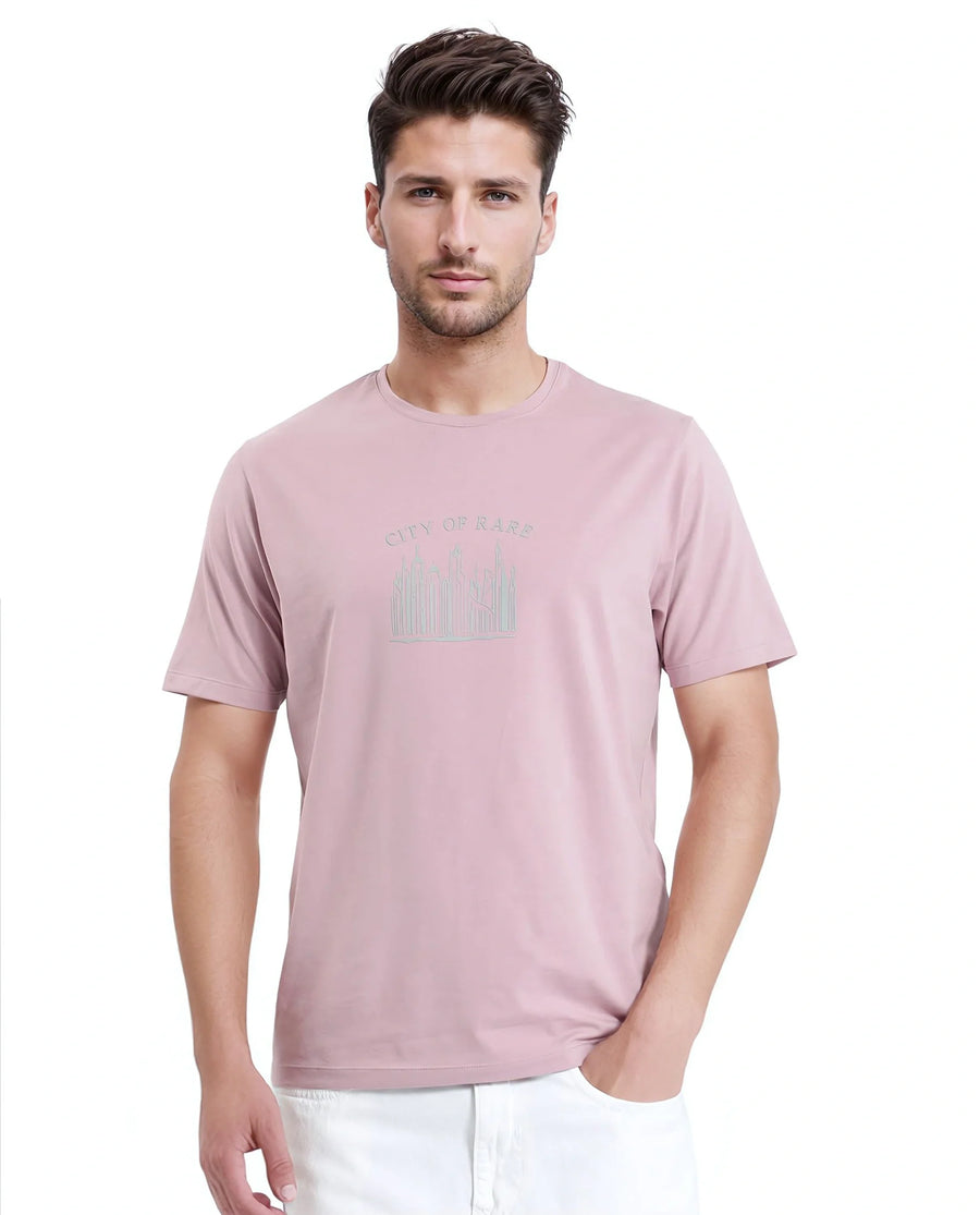 Rare Rabbit Men's Quix Pastel Pink Cotton Blend Graphic Print Regular Fit Half Sleeve Crew Neck T-Shirt