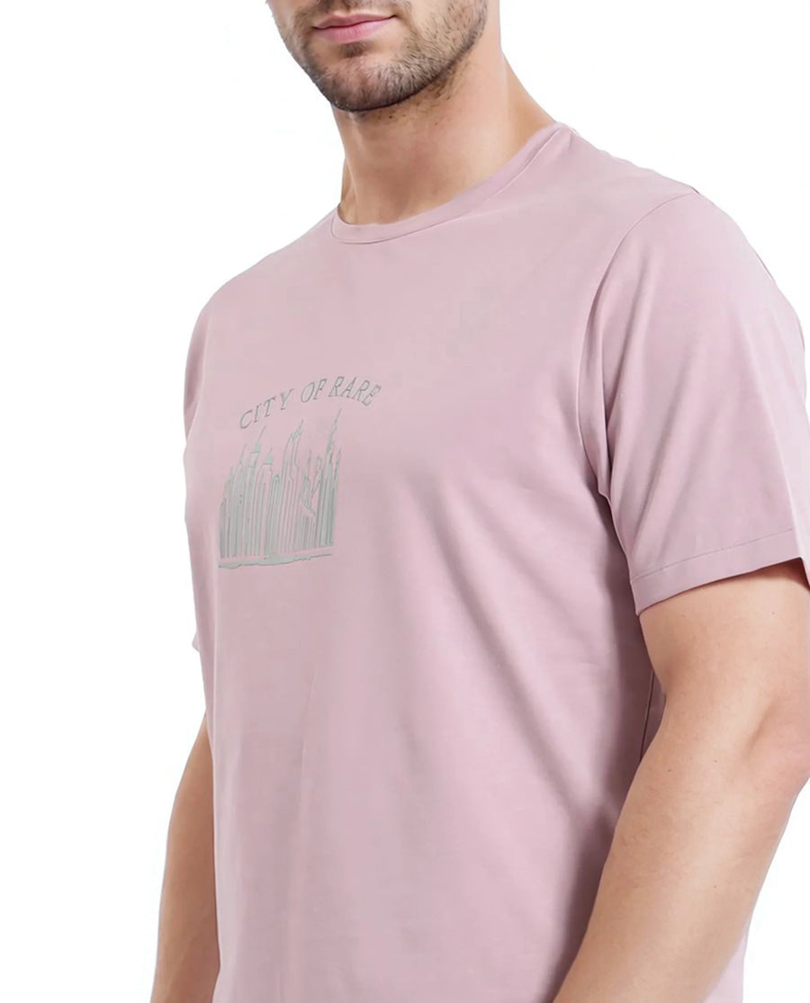 Rare Rabbit Men's Quix Pastel Pink Cotton Blend Graphic Print Regular Fit Half Sleeve Crew Neck T-Shirt