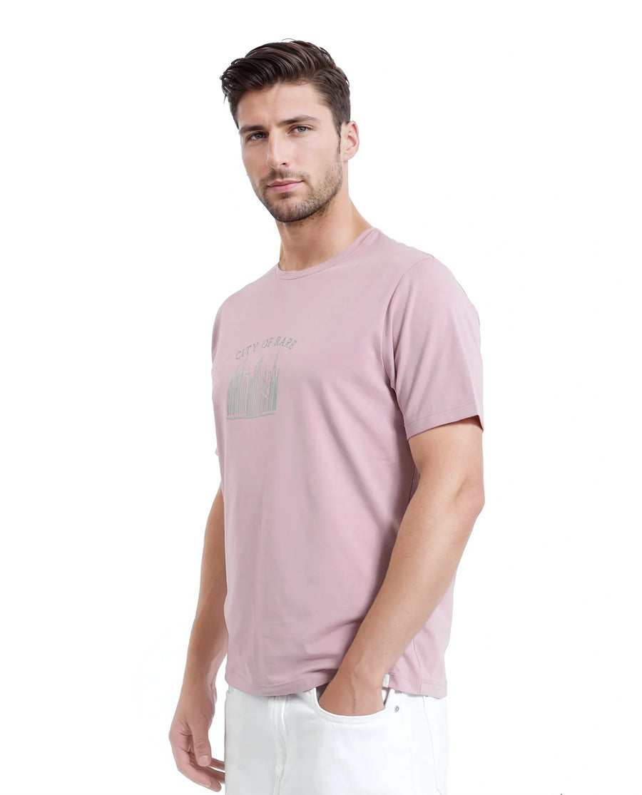 Rare Rabbit Men's Quix Pastel Pink Cotton Blend Graphic Print Regular Fit Half Sleeve Crew Neck T-Shirt
