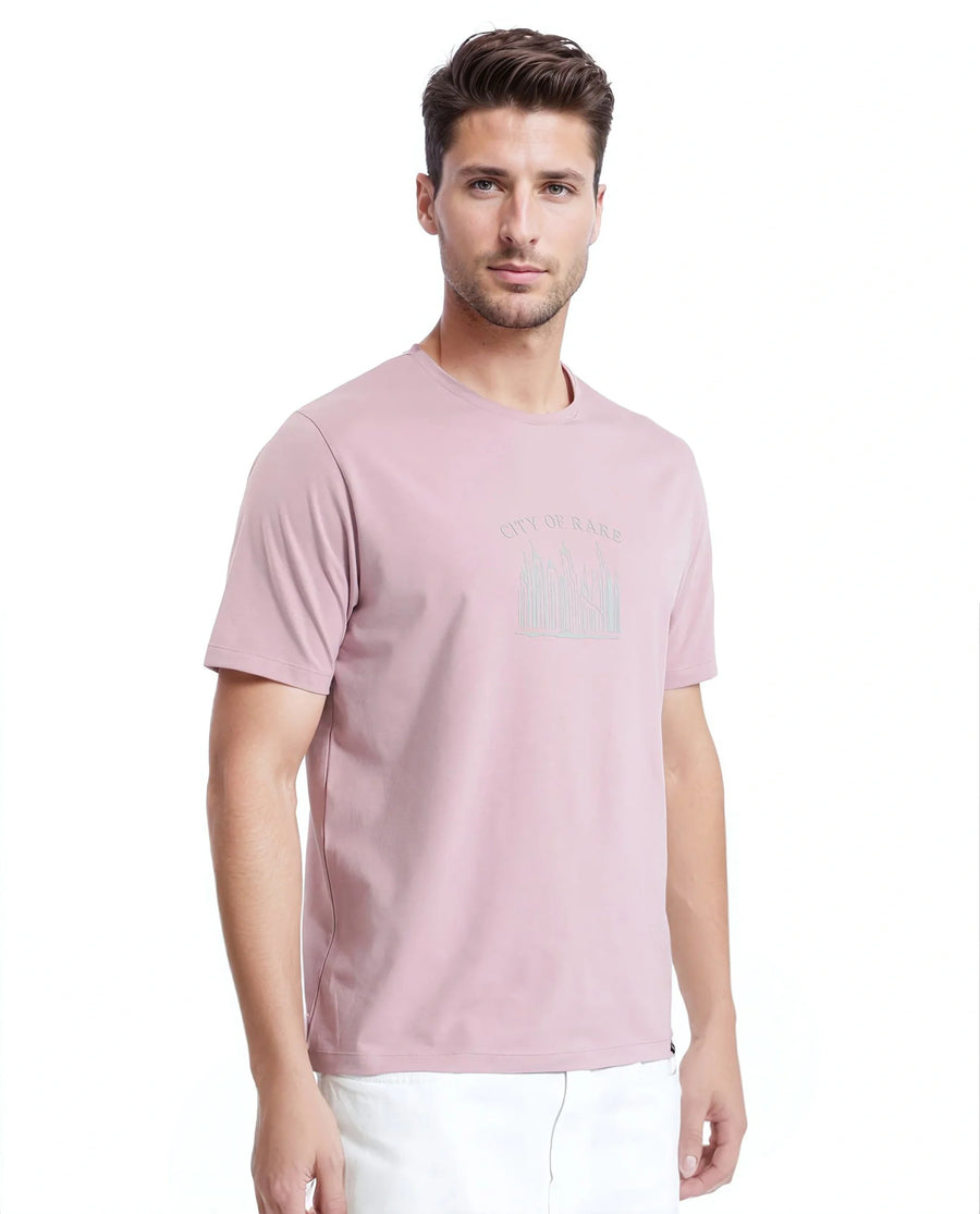 Rare Rabbit Men's Quix Pastel Pink Cotton Blend Graphic Print Regular Fit Half Sleeve Crew Neck T-Shirt