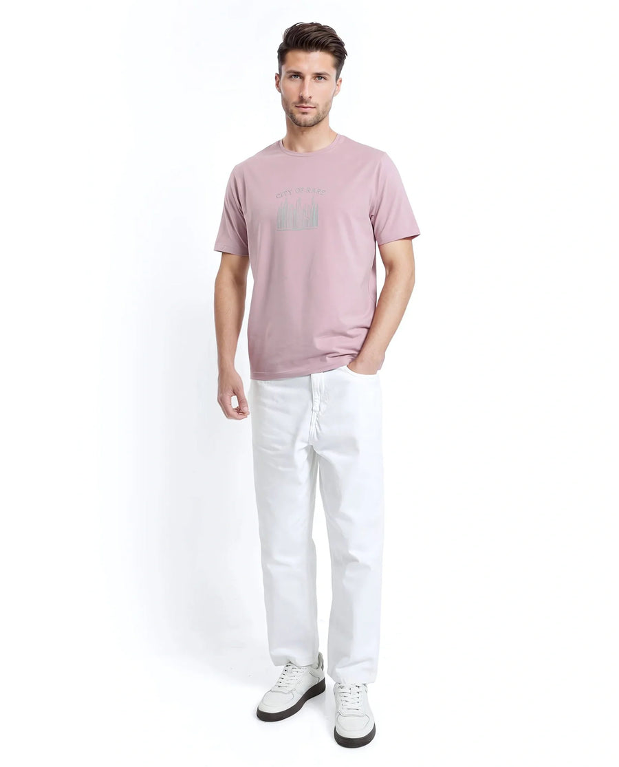 Rare Rabbit Men's Quix Pastel Pink Cotton Blend Graphic Print Regular Fit Half Sleeve Crew Neck T-Shirt