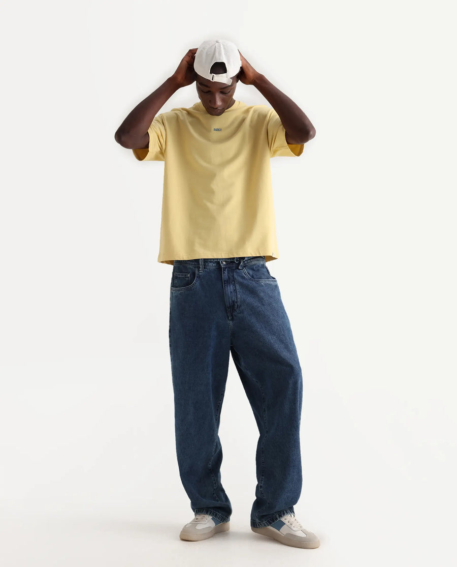 Rare Rabbit Men's Quote Yellow Cotton Graphic Print Oversized Fit Half Sleeve Crew Neck T-Shirt