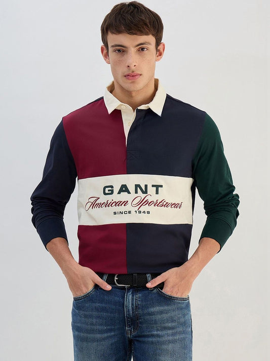GANT Men Typography Colourblocked Polo Collar T-shirt