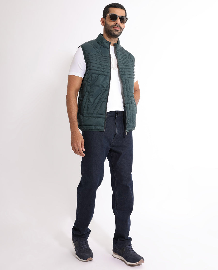 Rare Rabbit Men's Queltex Dark Petrol Nylon Plain Regular Fit Sleeveless High Neck Jacket