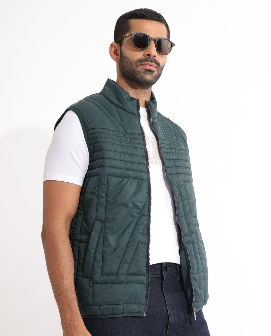 Rare Rabbit Men's Queltex Dark Petrol Nylon Plain Regular Fit Sleeveless High Neck Jacket