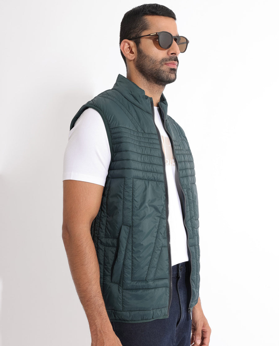 Rare Rabbit Men's Queltex Dark Petrol Nylon Plain Regular Fit Sleeveless High Neck Jacket