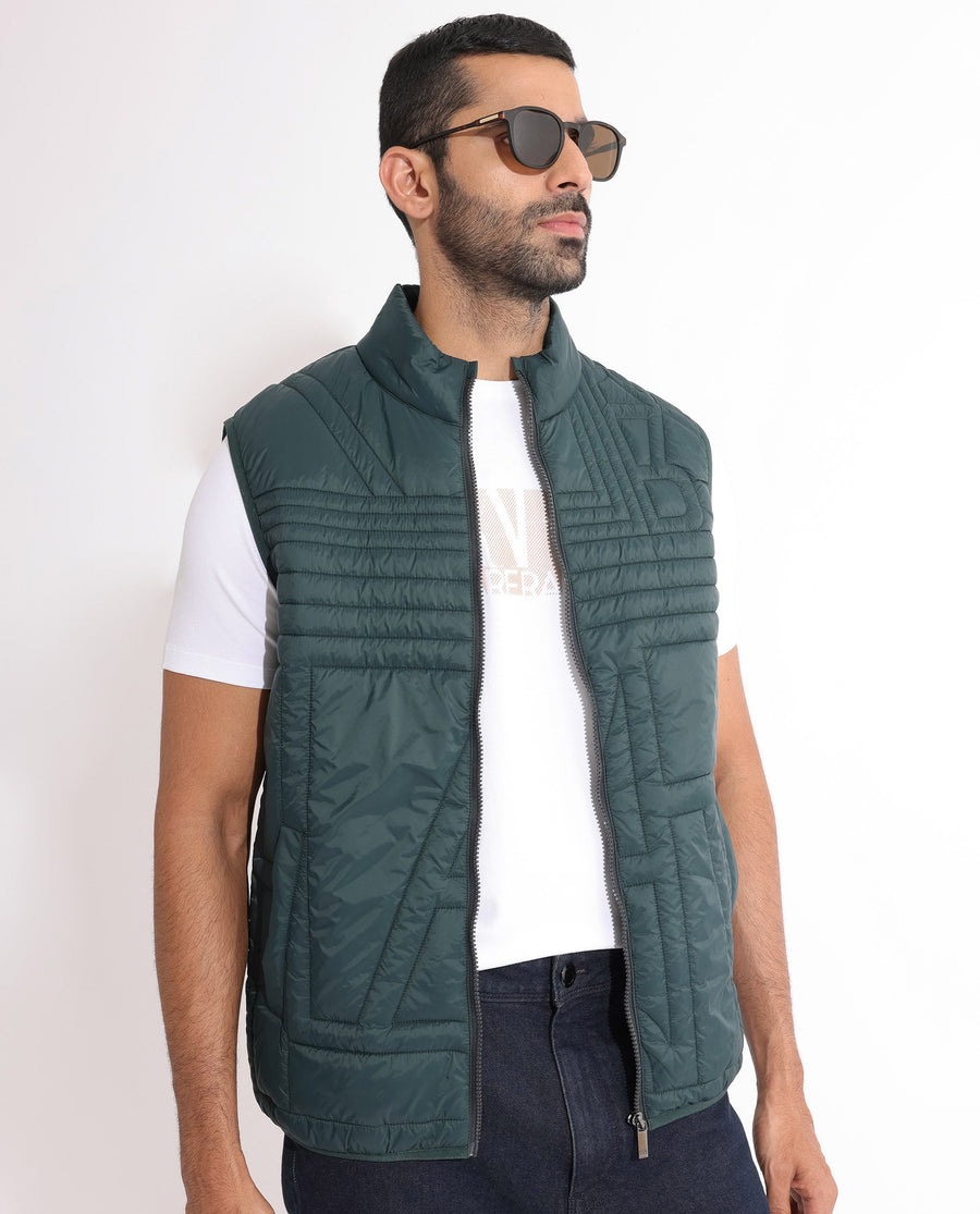 Rare Rabbit Men's Queltex Dark Petrol Nylon Plain Regular Fit Sleeveless High Neck Jacket