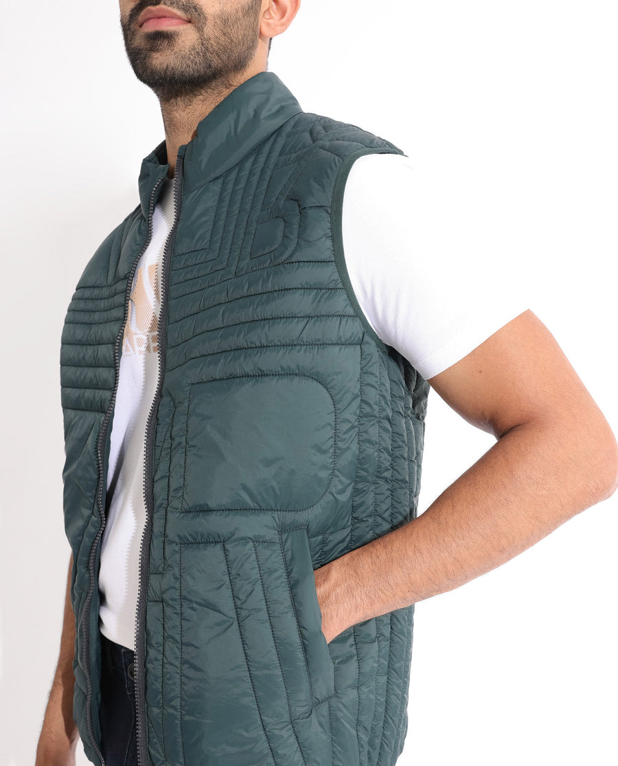 Rare Rabbit Men's Queltex Dark Petrol Nylon Plain Regular Fit Sleeveless High Neck Jacket