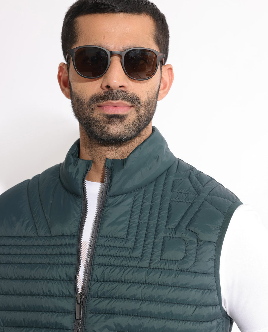 Rare Rabbit Men's Queltex Dark Petrol Nylon Plain Regular Fit Sleeveless High Neck Jacket