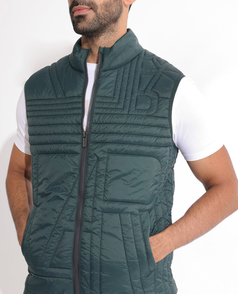 Rare Rabbit Men's Queltex Dark Petrol Nylon Plain Regular Fit Sleeveless High Neck Jacket