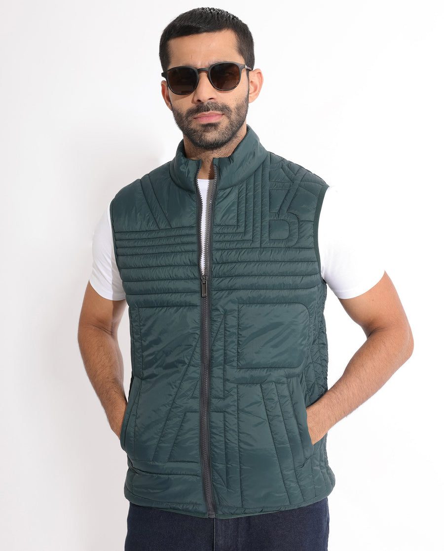Rare Rabbit Men's Queltex Dark Petrol Nylon Plain Regular Fit Sleeveless High Neck Jacket