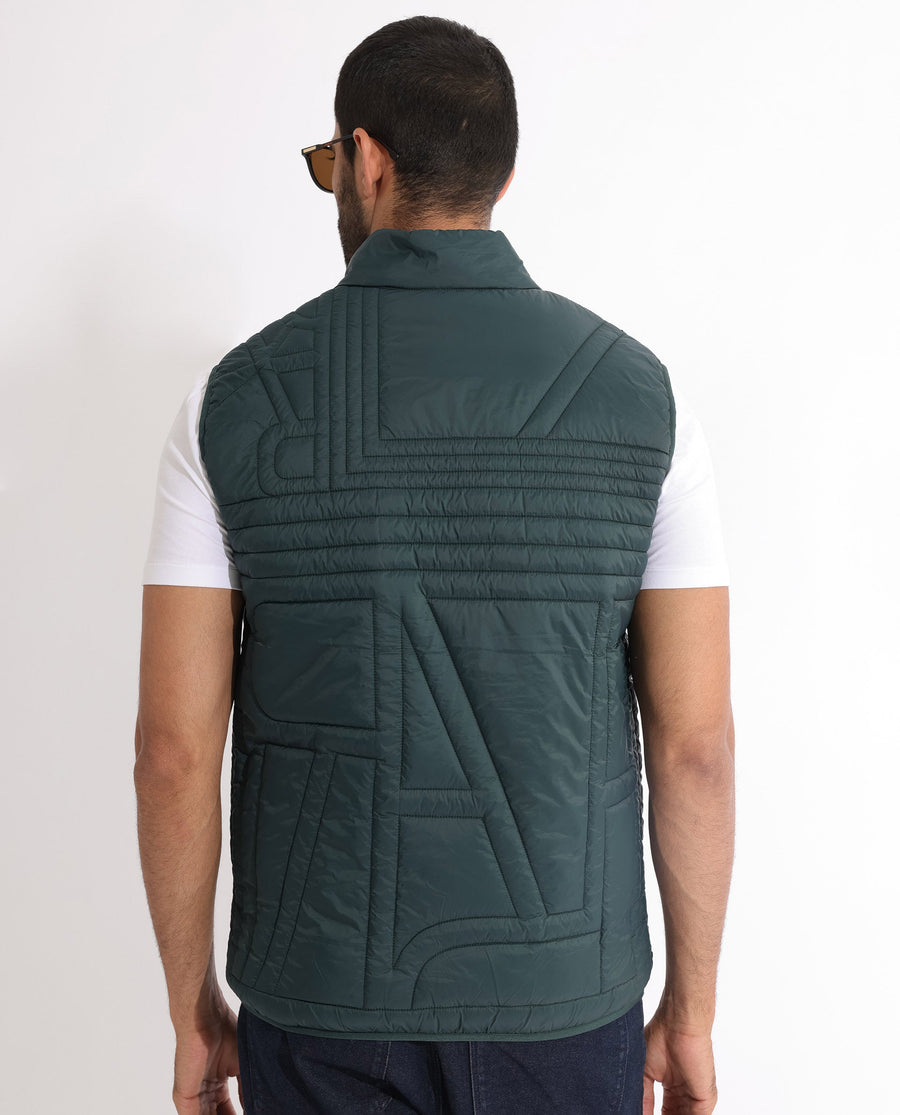 Rare Rabbit Men's Queltex Dark Petrol Nylon Plain Regular Fit Sleeveless High Neck Jacket