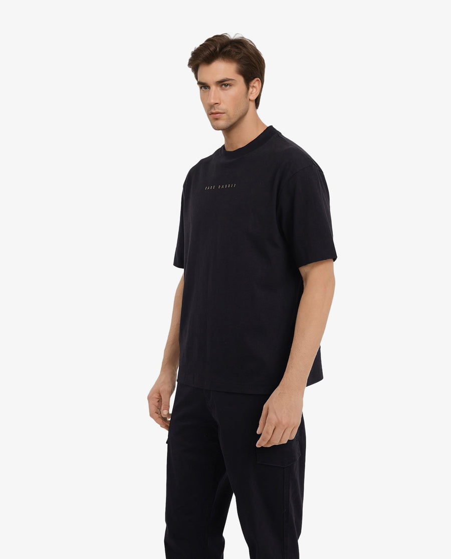 Rare Rabbit Men's Rabb Black Cotton Graphic Print Oversized Fit Half Sleeve Crew Neck T-Shirt