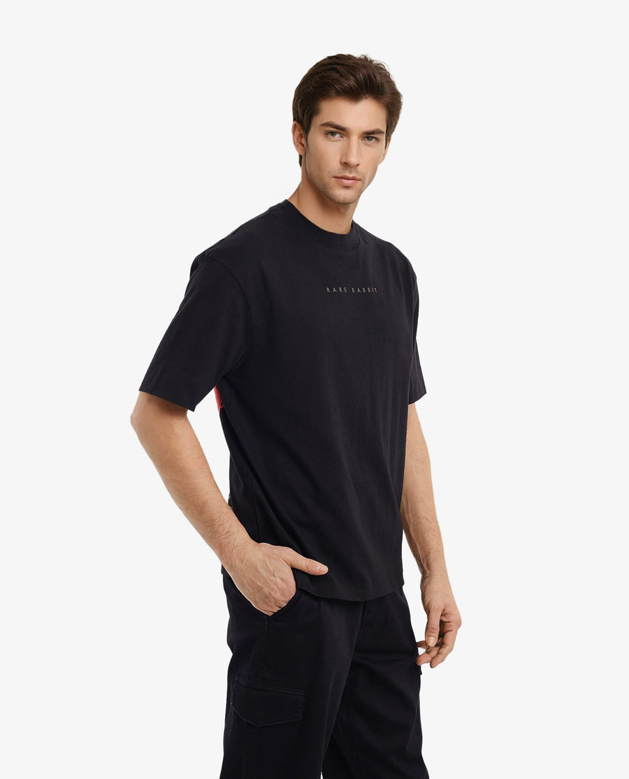 Rare Rabbit Men's Rabb Black Cotton Graphic Print Oversized Fit Half Sleeve Crew Neck T-Shirt