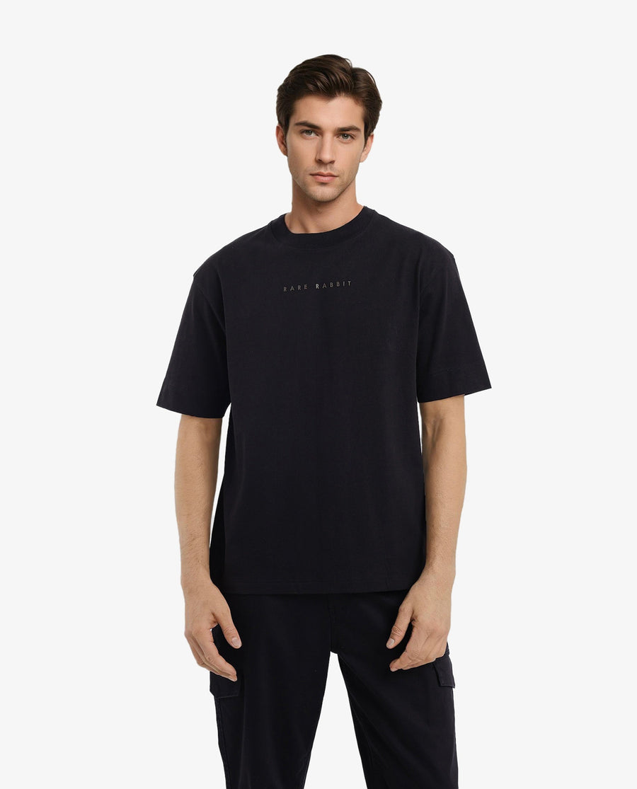 Rare Rabbit Men's Rabb Black Cotton Graphic Print Oversized Fit Half Sleeve Crew Neck T-Shirt