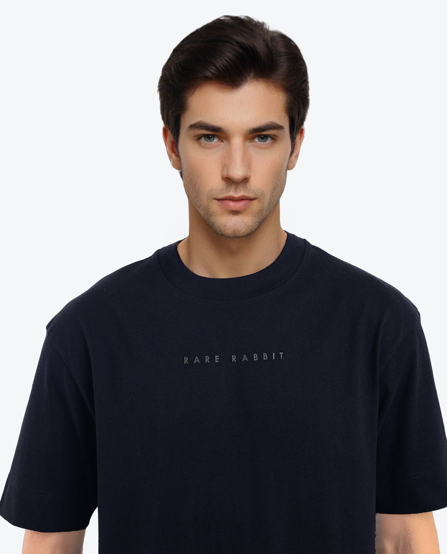 Rare Rabbit Men's Rabb Black Cotton Graphic Print Oversized Fit Half Sleeve Crew Neck T-Shirt