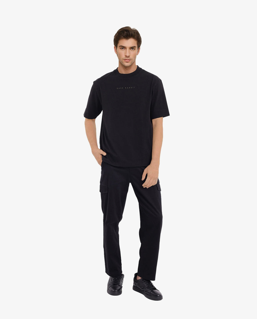 Rare Rabbit Men's Rabb Black Cotton Graphic Print Oversized Fit Half Sleeve Crew Neck T-Shirt