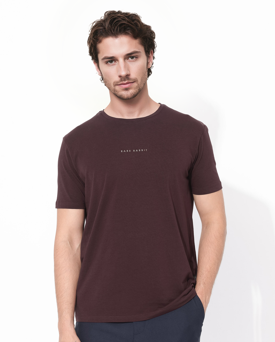 Rare Rabbit Men's Rabbit-Inf Maroon Cotton Blend Plain Regular Fit Half Sleeve Crew Neck T-Shirt