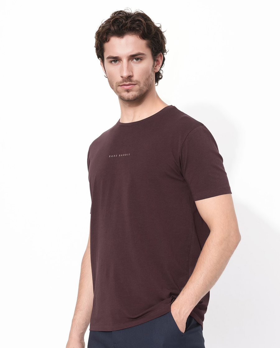 Rare Rabbit Men's Rabbit-Inf Maroon Cotton Blend Plain Regular Fit Half Sleeve Crew Neck T-Shirt