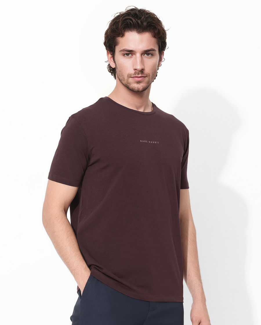 Rare Rabbit Men's Rabbit-Inf Maroon Cotton Blend Plain Regular Fit Half Sleeve Crew Neck T-Shirt