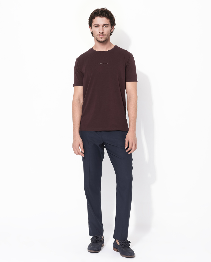 Rare Rabbit Men's Rabbit-Inf Maroon Cotton Blend Plain Regular Fit Half Sleeve Crew Neck T-Shirt