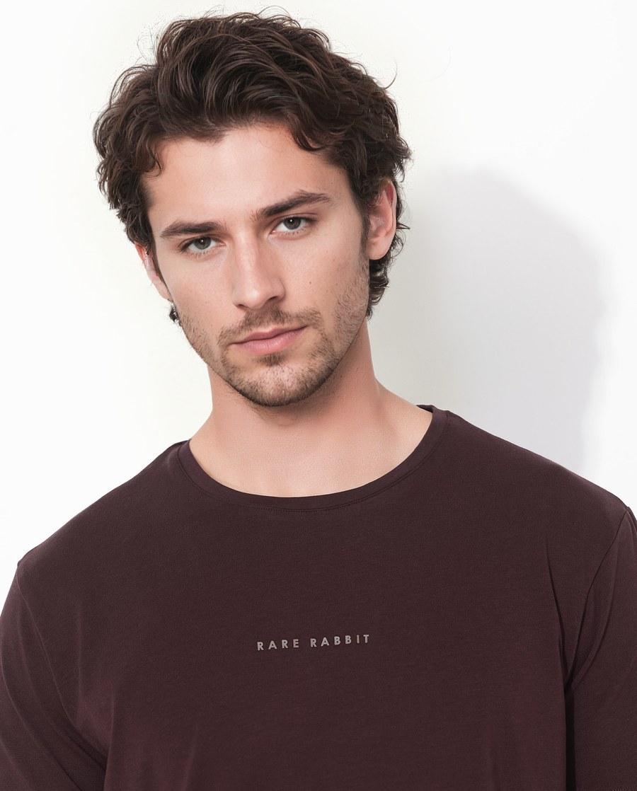 Rare Rabbit Men's Rabbit-Inf Maroon Cotton Blend Plain Regular Fit Half Sleeve Crew Neck T-Shirt