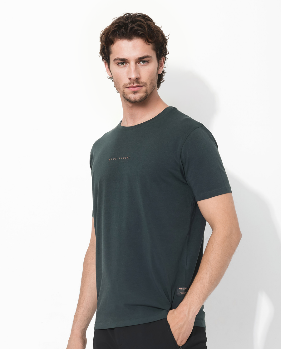 Rare Rabbit Men's Rabbit-Inf Dark Green Cotton Blend Plain Regular Fit Half Sleeve Crew Neck T-Shirt