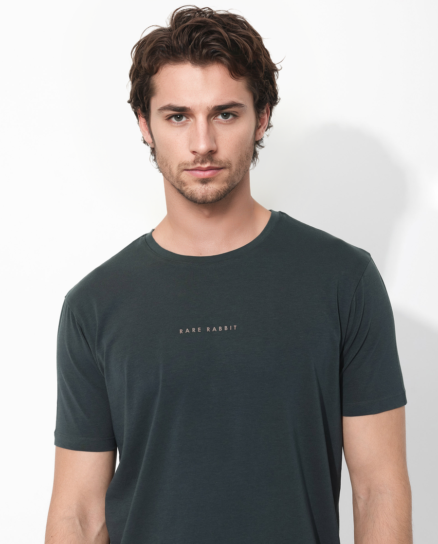 Rare Rabbit Men's Rabbit-Inf Dark Green Cotton Blend Plain Regular Fit Half Sleeve Crew Neck T-Shirt