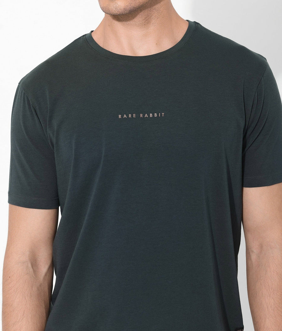 Rare Rabbit Men's Rabbit-Inf Dark Green Cotton Blend Plain Regular Fit Half Sleeve Crew Neck T-Shirt