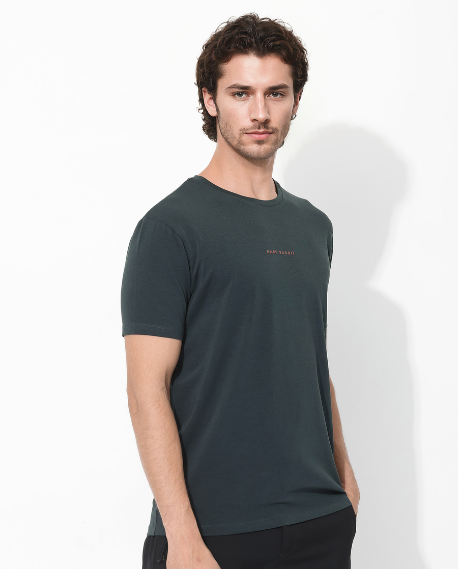 Rare Rabbit Men's Rabbit-Inf Dark Green Cotton Blend Plain Regular Fit Half Sleeve Crew Neck T-Shirt