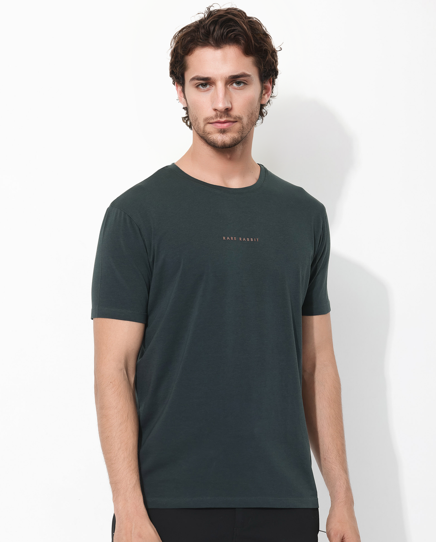 Rare Rabbit Men's Rabbit-Inf Dark Green Cotton Blend Plain Regular Fit Half Sleeve Crew Neck T-Shirt