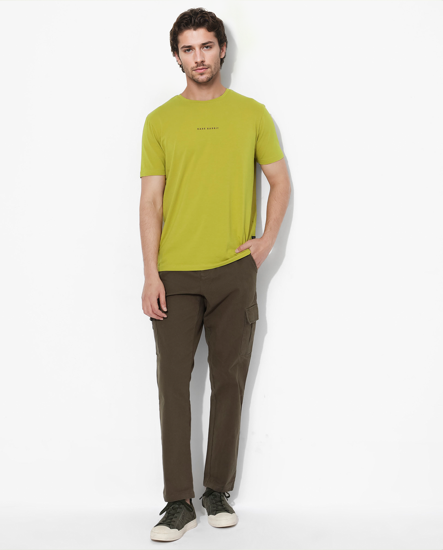 Rare Rabbit Men's Rabbit-Inf Flouroscent Green Cotton Blend Plain Regular Fit Half Sleeve Crew Neck T-Shirt